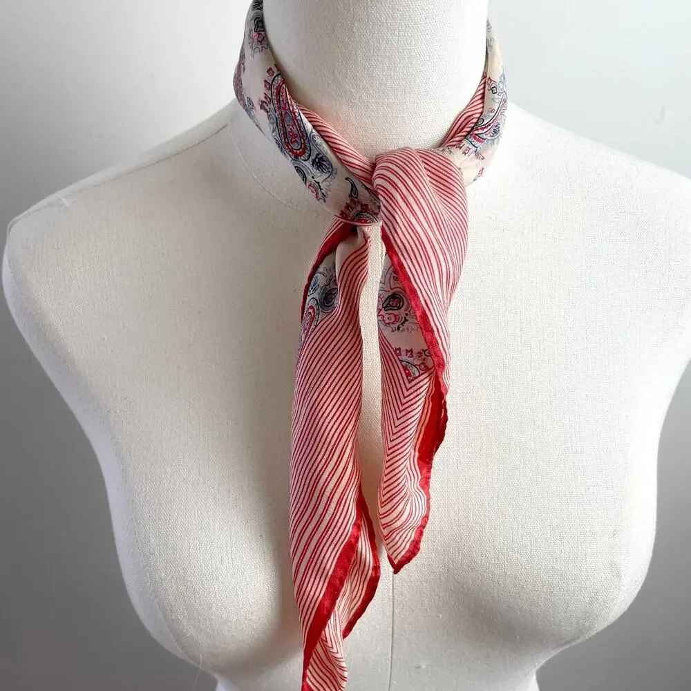Vintage 70s Silk Square Scarf Paisley Red Ivory Old Money Quiet Luxury Parisian